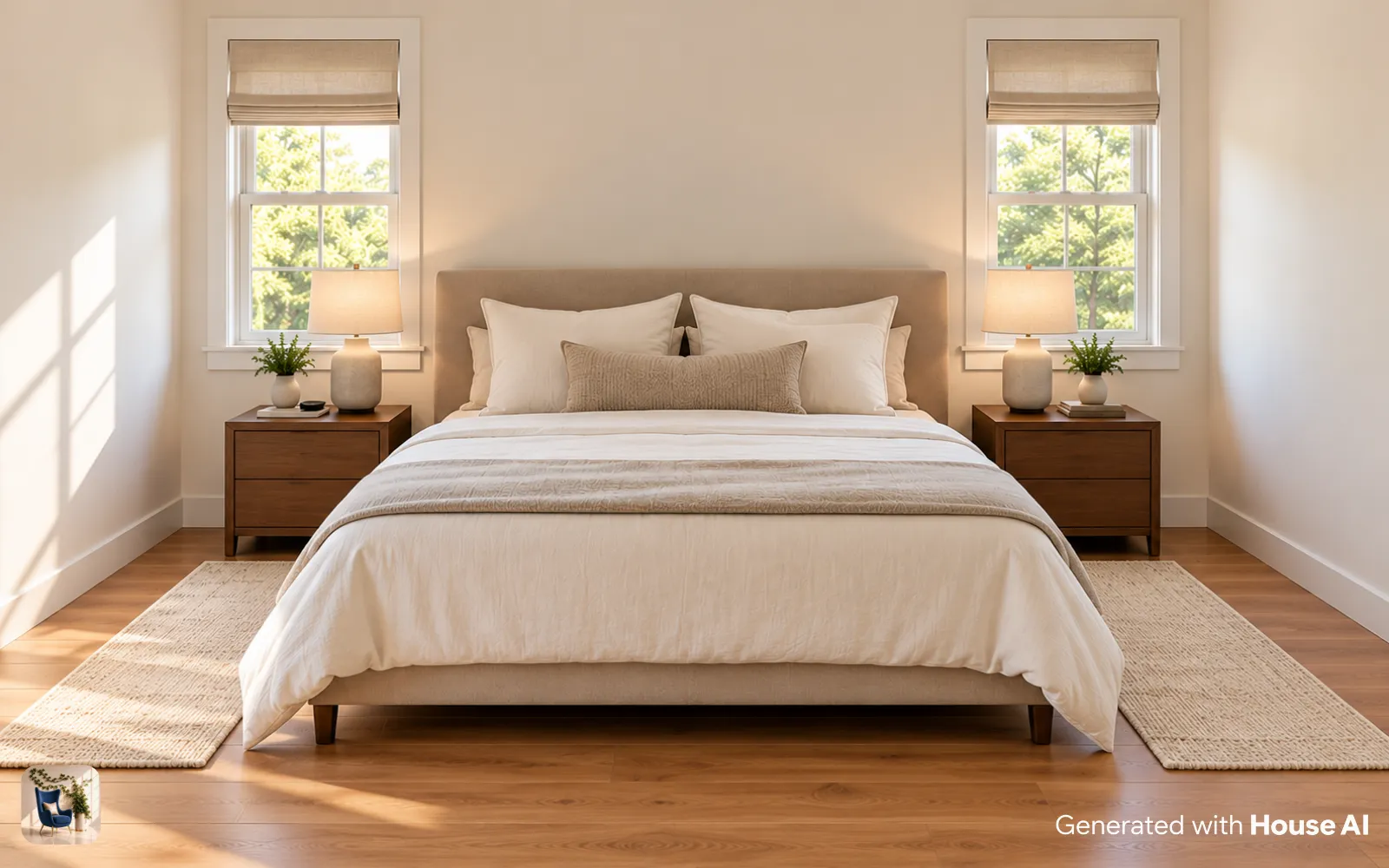 A bedroom with a narrow runner rug on each side of the bed and bare floor at the foot of the bed