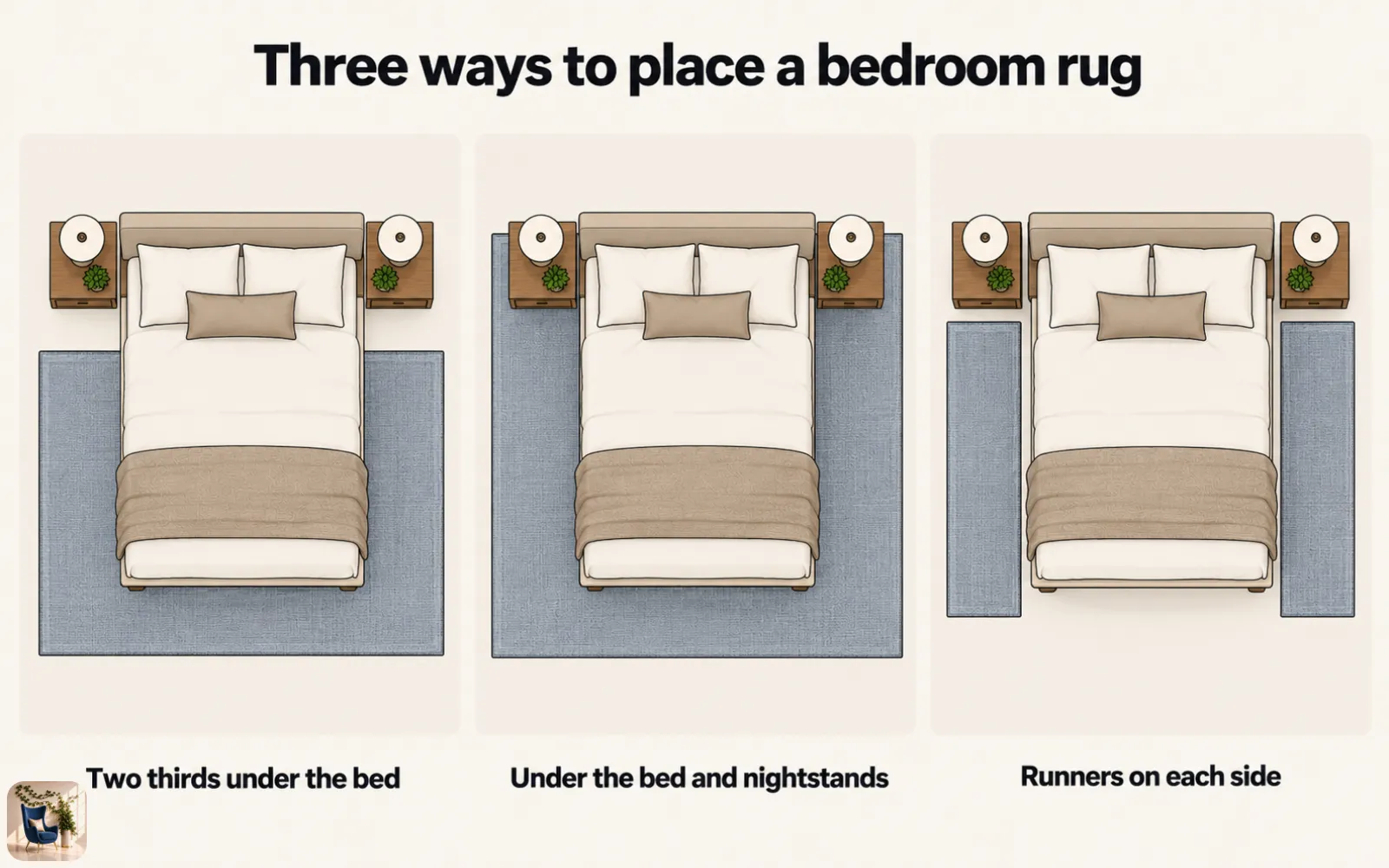 Diagram of three bedroom rug placements: two thirds under the bed, under the bed and nightstands, and runners on each side