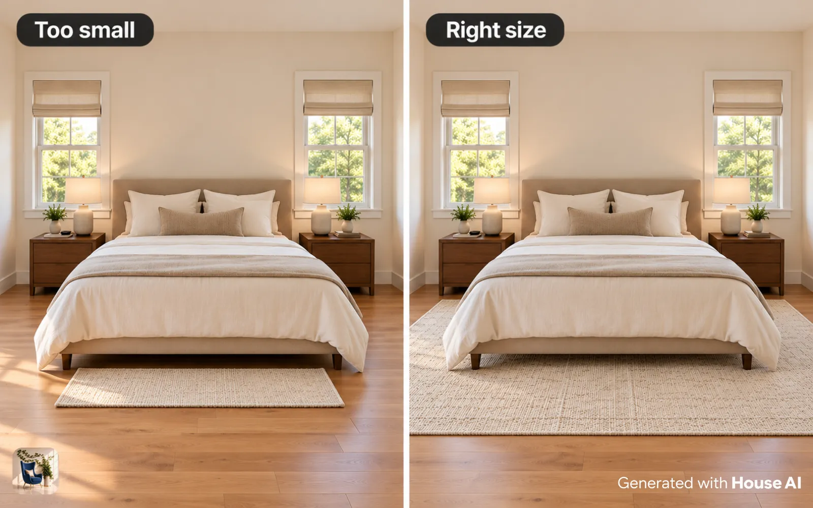 The same bedroom with a small rug at the foot of the bed next to a large rug under the lower two thirds of the bed