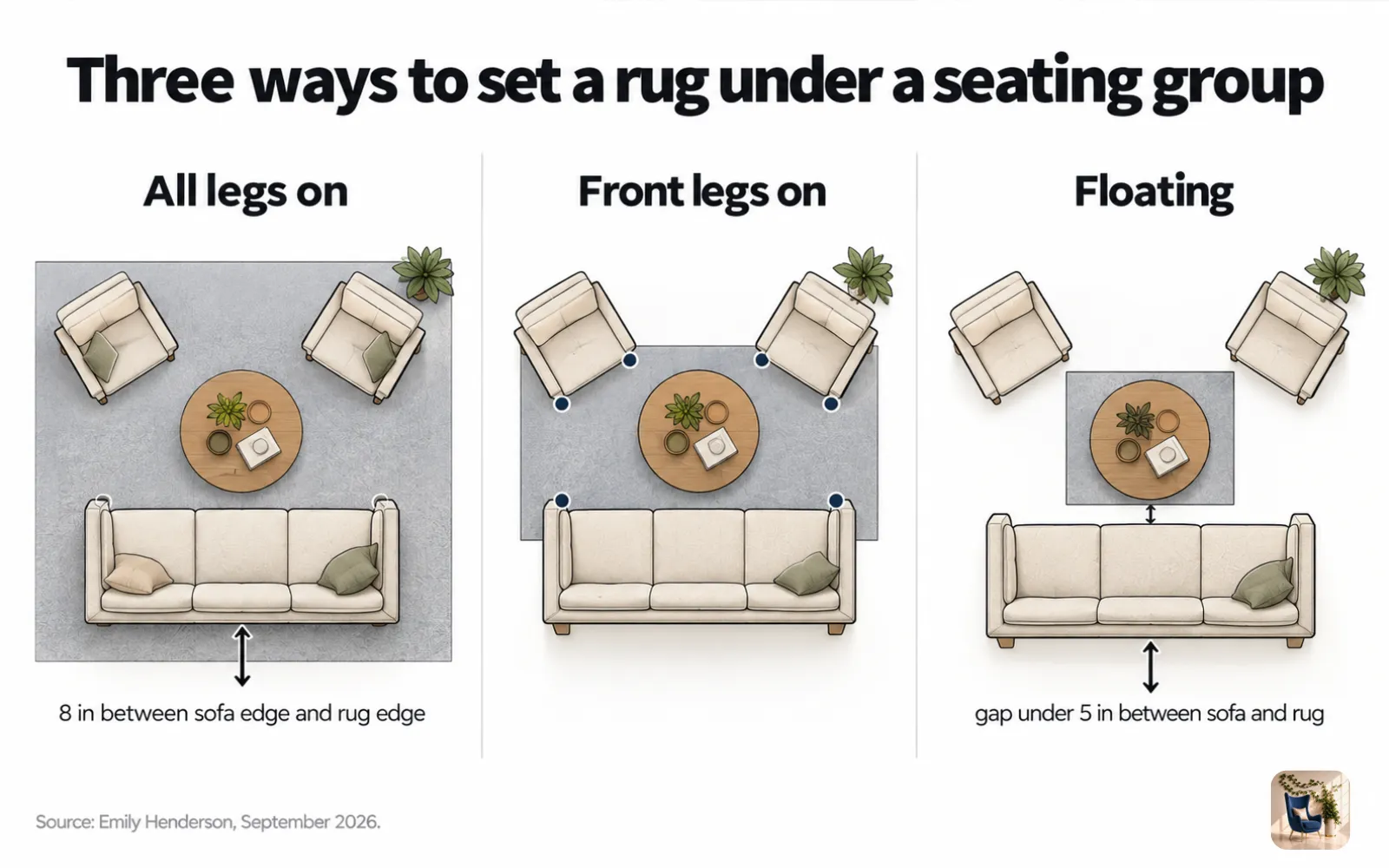 Diagram of three rug layouts from above: all legs on the rug, front legs on the rug, and a floating rug
