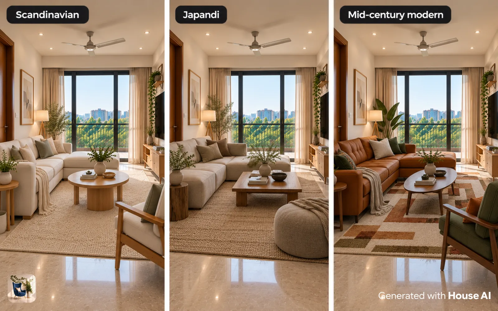 The same living room in Scandinavian, Japandi, and mid-century modern styles, each with a large area rug