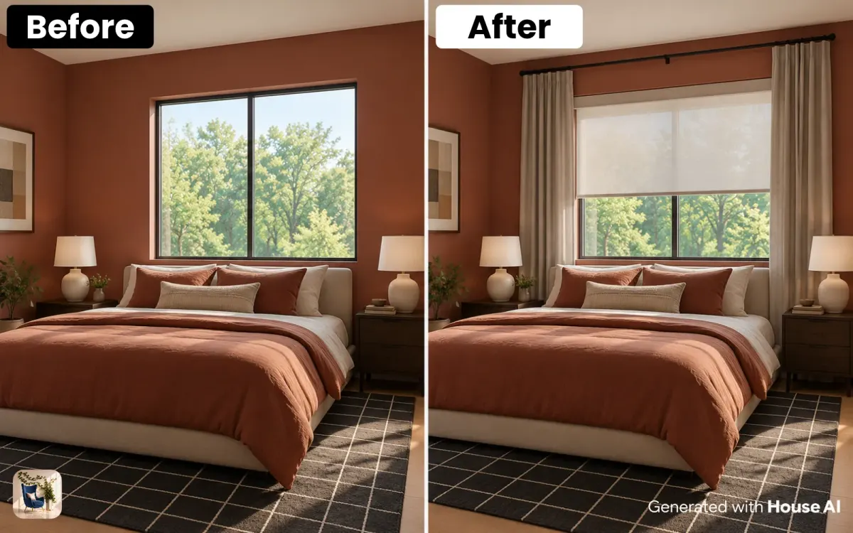 A bedroom window before and after a white roller shade is layered under gray linen curtains on a black rod