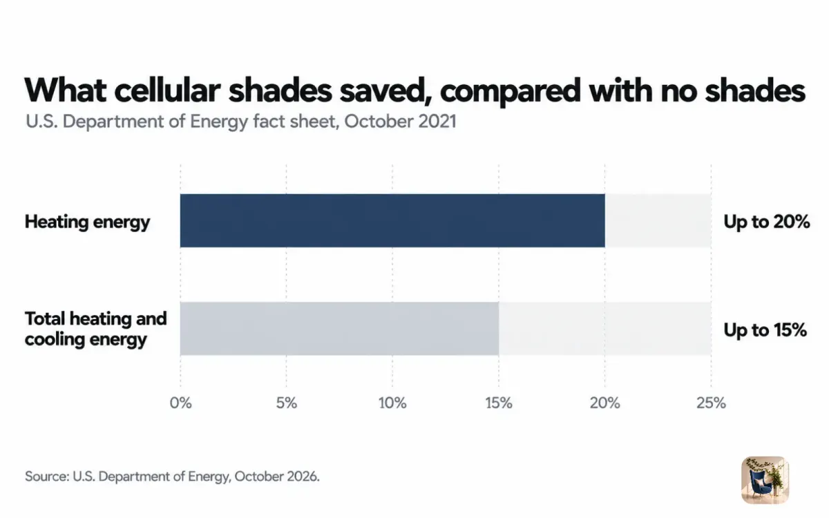 Bar chart of cellular shade energy savings versus no shades: up to 20% on heating and up to 15% on heating and cooling