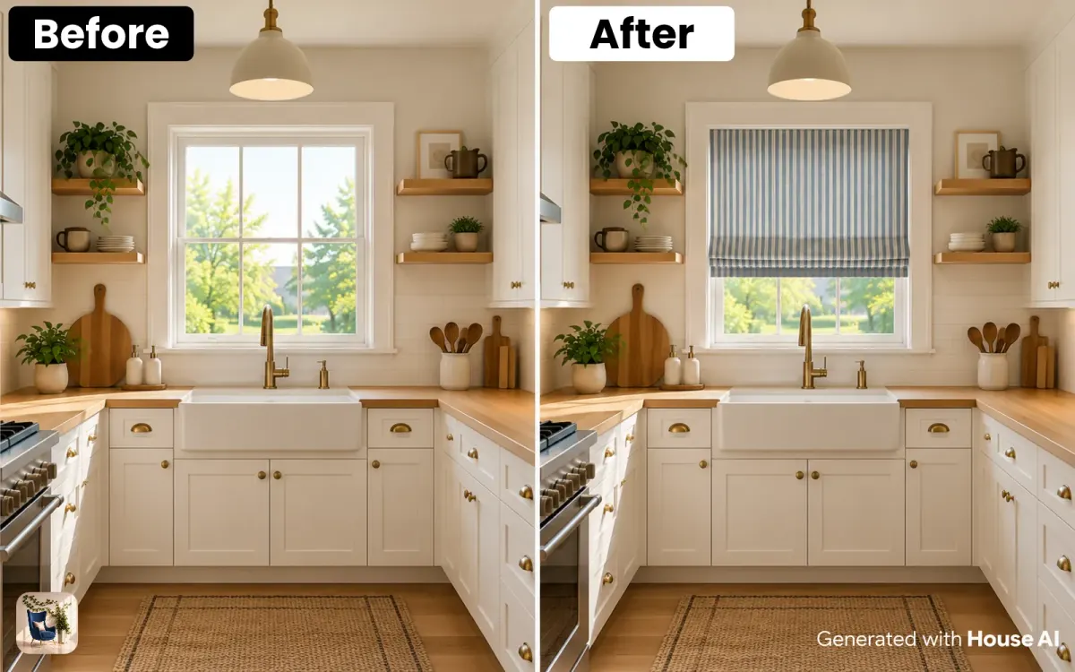 A kitchen window over the sink before and after a striped Roman shade is added, half lowered inside the frame