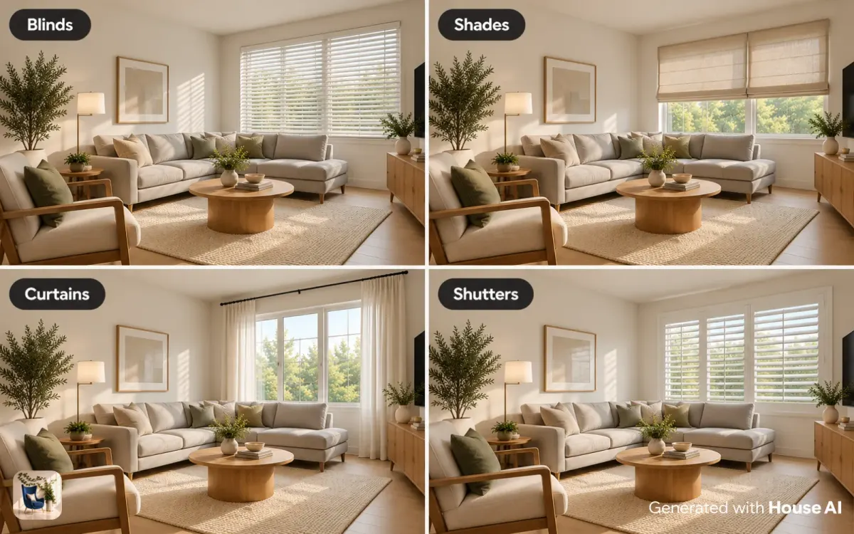 The same living room window with wood blinds, Roman shades, linen curtains, and plantation shutters, in a grid