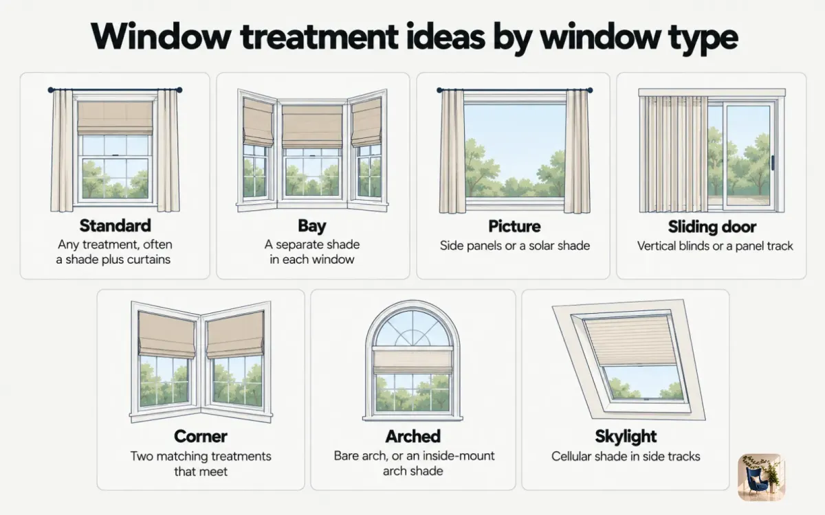 Diagram of seven window types, from standard and bay to skylight, each paired with the treatment that suits it best