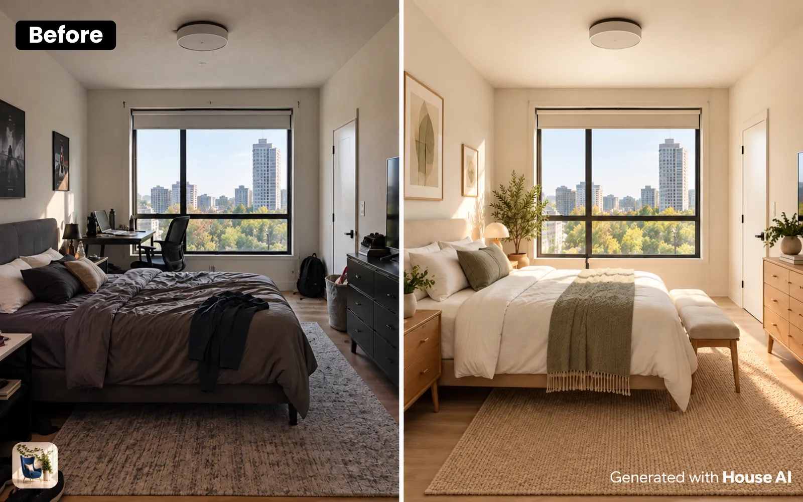An apartment bedroom before and after a Scandinavian restyle, with the same window and bed wall